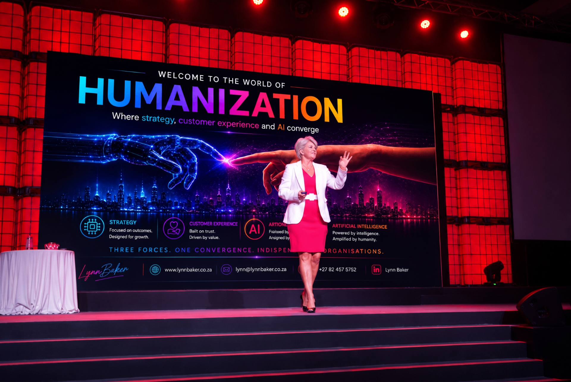 Keynote speaker Lynn Baker on stage in front of a wide LED backdrop