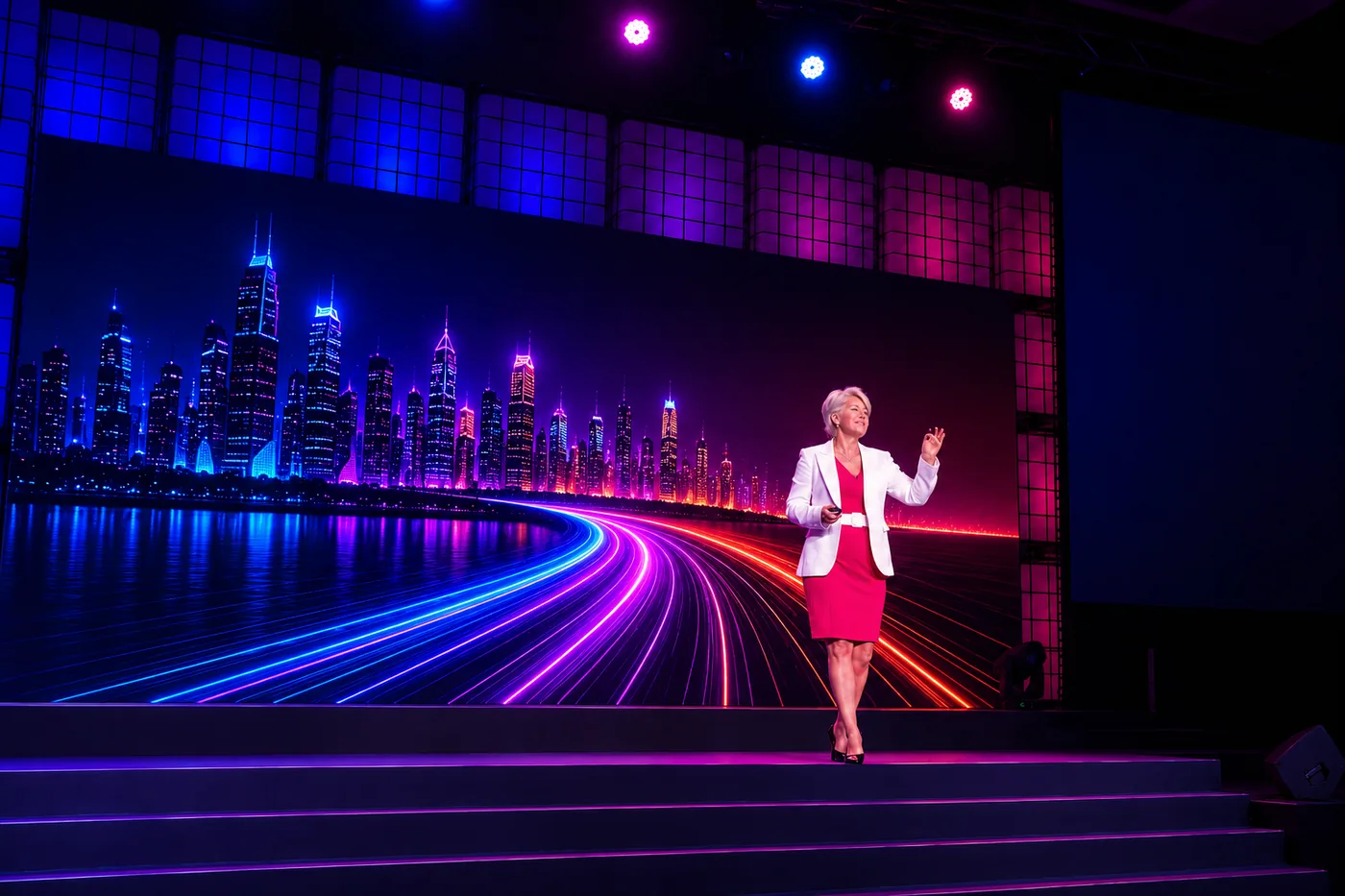 Lynn Baker addressing a live audience from the keynote stage